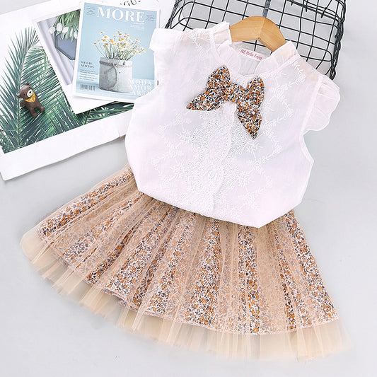 Hot-Selling Children's Clothing Spring And Summer New Girls Sleeveless Bowknot Shirt Floral Mesh Skirt Suit