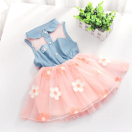 Girls' Dresses, Summer Children'S Korean Denim Skirts, Pure Color Flower Mesh Skirts, Baby Princess Puffy Skirts