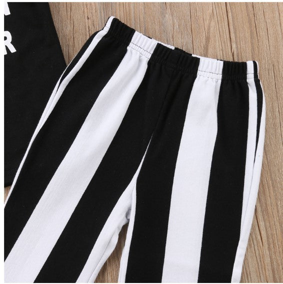 Two-Piece Printed Top and Stripe Pants for Young Girls