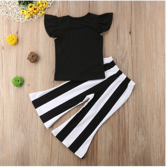 Two-Piece Printed Top and Stripe Pants for Young Girls