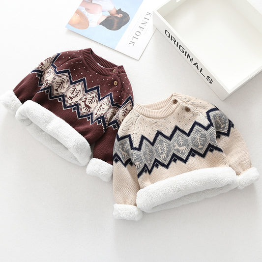Boys and Girls Plus Velvet Thick Retro Knitted Sweater