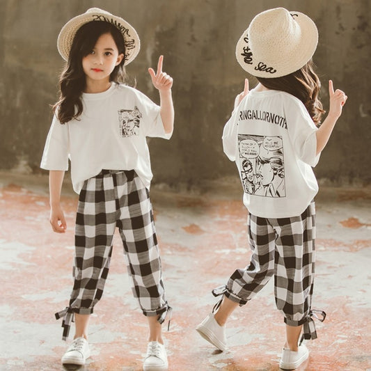 Two-Piece Printed Plaid Cropped Trousers for Gilrs