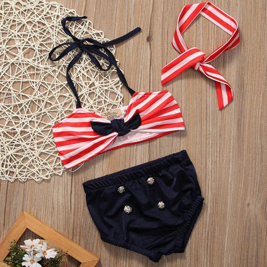 Red and White Stripe Swimsuit Headband 3pc Set for Girls