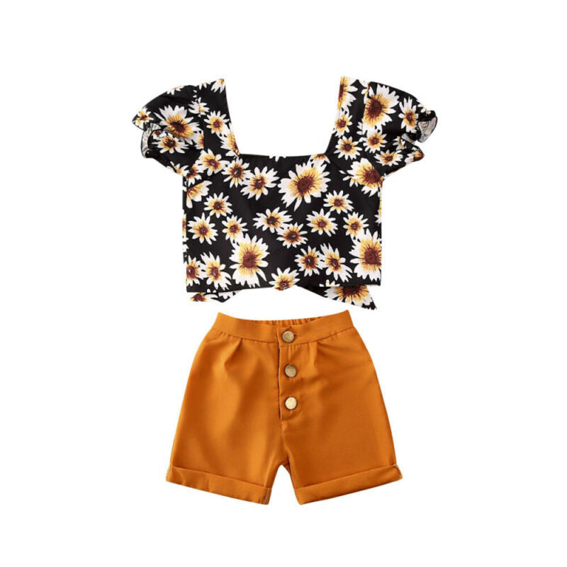 Baby Girls Floral Lace Up Crop Tops+Shorts Pants