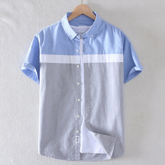 Men Summer 100% Cotton Shirt Oxford Short sleeved Smart Casual Slim Patchwork Shirt Turn-down Collar New