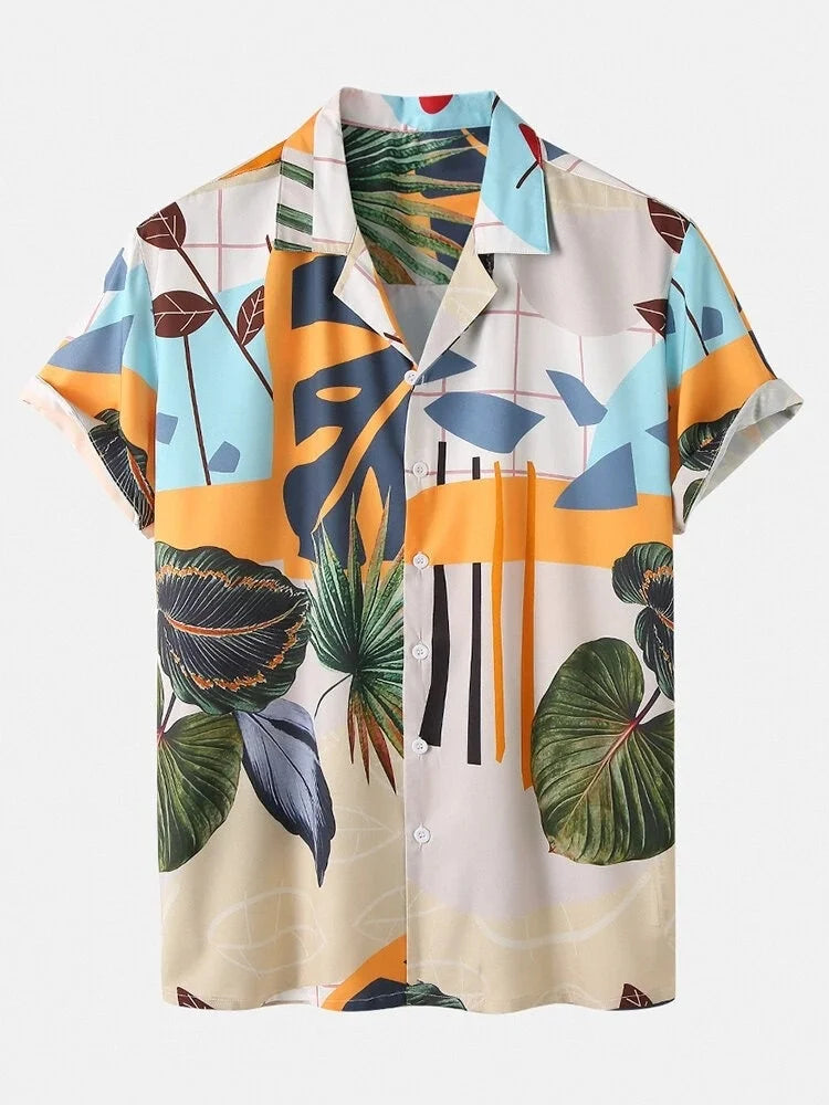 Men's Hawaiian Shirts & Shorts Tropical Turtle Leaf Print Beach Short Sleeve Swim Vacation Outfits Sets Two Pieces Beachwear