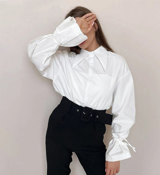 Female Loose Autumn Work Casual Korean Turn-Down Collar Long Sleeve Lace Up Shirt  Elegant White  Shirts for Women