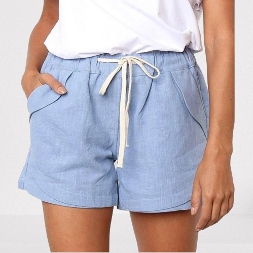 Drawstring Elastic Waist Cotton and Linen Solid Color Pockets Casual Shorts