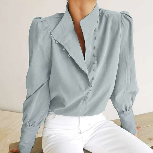 Single-breasted Puff Sleeve Womens Blouses Elegant Turtleneck Blouse Long Sleeve White Shirt Office Ladies Top Casual