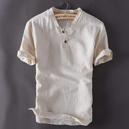Men's Pullover Linen Shirts Short Sleeve Summer Breathable Casual Slim Fit Solid Cotton