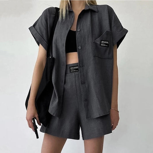 Casual Shirts And Letter Shorts Set Streetwear Cotton Linen