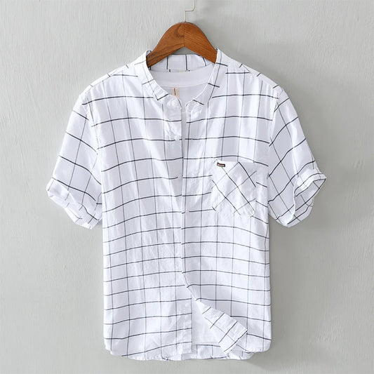 New Pure Cotton Plaid Shirt Men Short-Sleeved  Casual Stand Collar Top