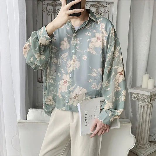 Men's Hawaiian Shirt Long Sleeve Sunscreen Clothes Floral Printing Shirt Loose Camisa