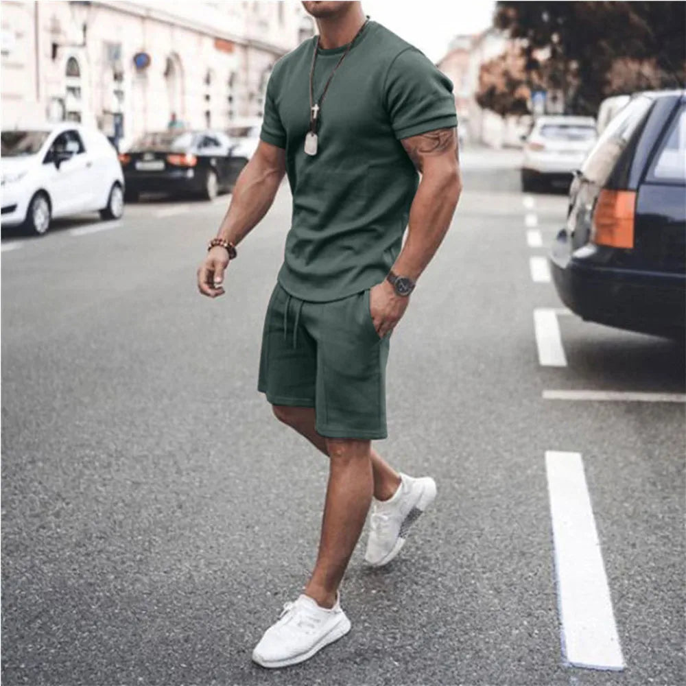 Short Sleeve T-Shirt and Shorts Two Piece Sets Casual Solid Sports Fashion Tracksuit for Men