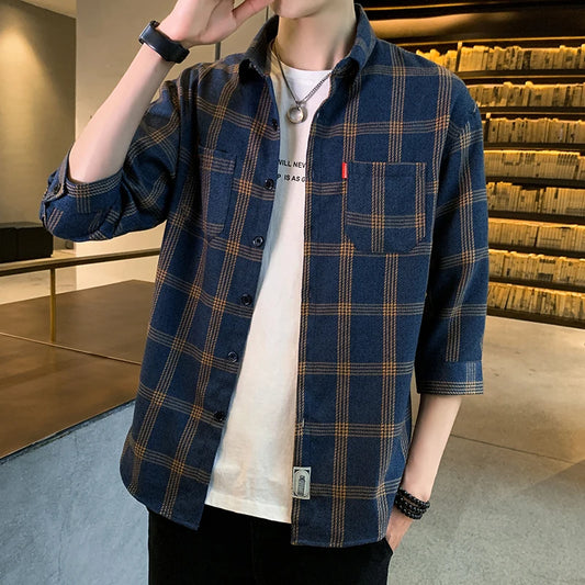 Men's Vintage Summer Shirt Casual Checked  Button Up Shirt for Men