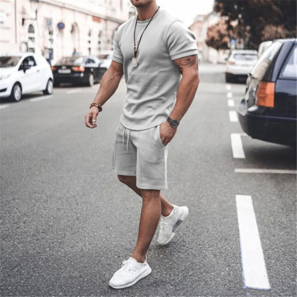 Short Sleeve T-Shirt and Shorts Two Piece Sets Casual Solid Sports Fashion Tracksuit for Men