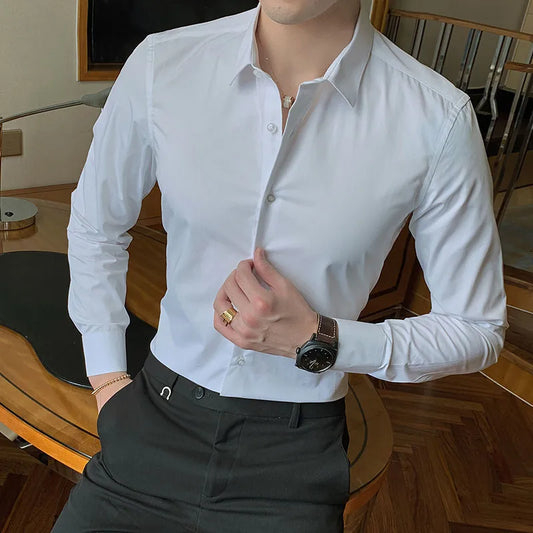 Long Sleeve Shirt Solid Regular Fit Male Social Casual Business White Black Shirts