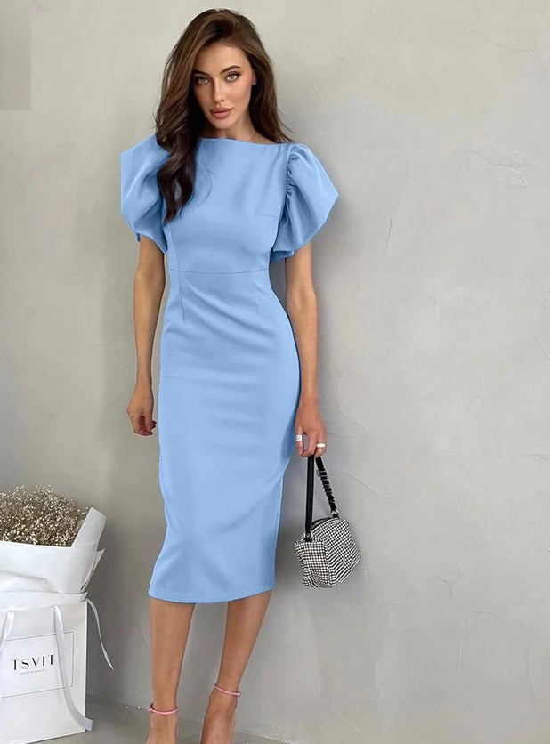 Round Neck Office Ladies Split Dress Summer 2023 Women Puff Sleeve Ruched Long Dress Elegant Blue Bodycon Dresses
