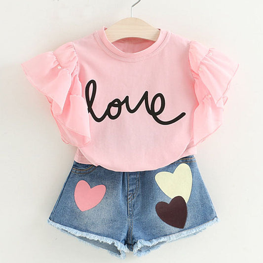 Complete Set with Blouse and Denim Shorts with Love and Heart Print for Kids