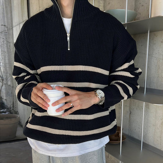 Japanese Thickened Striped Sweater New Korean Style Trendy Loose Pullover Woolen Sweater Top for Men