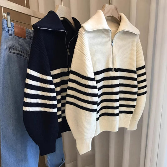 French Retro Lapel Half-zip Contrasting Striped Sweater For Women In Autumn Lazy Style Pullover With Knitted Bottoming Shirt