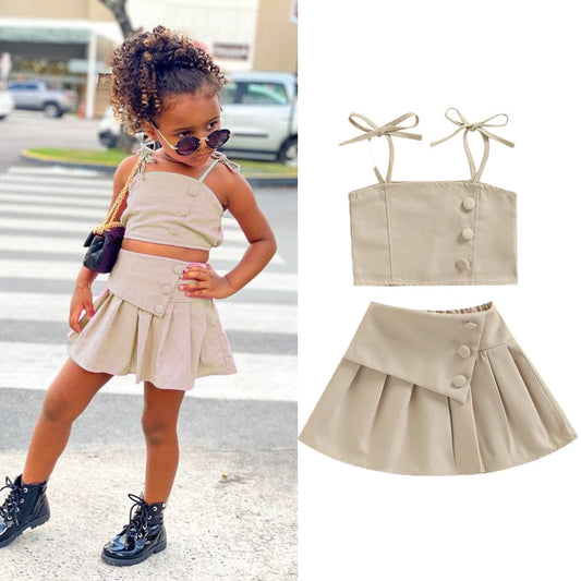 Solid Strap Lace Up Vest Tops with High Waist Pleated Skirts for Kids