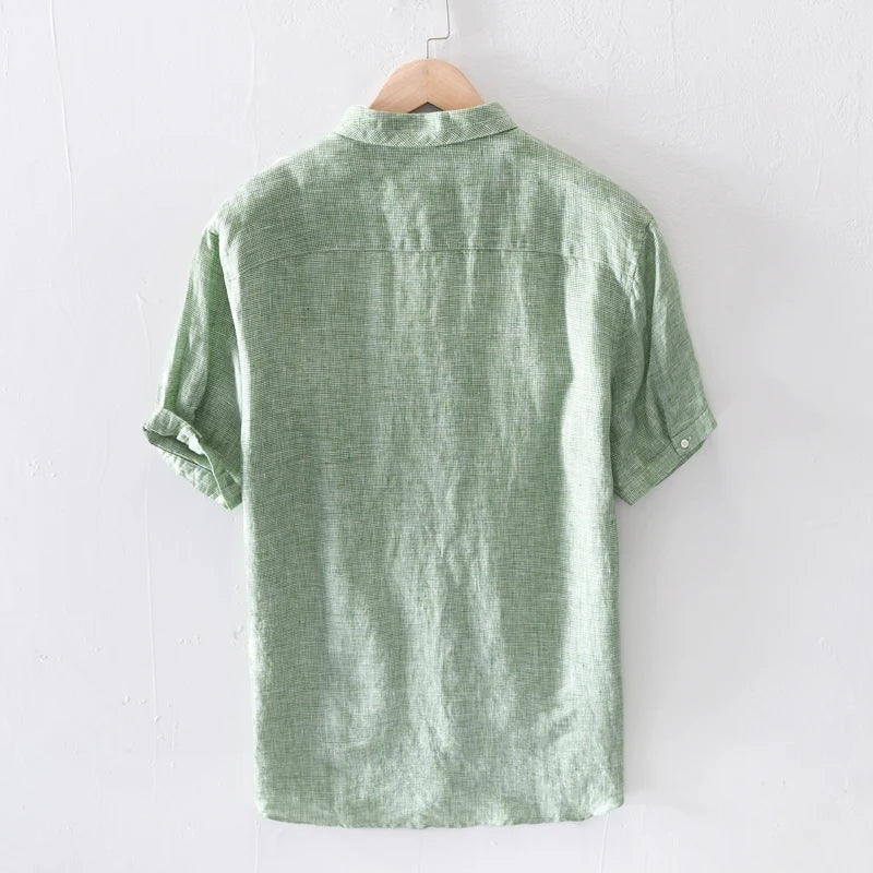 100% Pure Linen Men Short Sleeve Shirts Casual Fashion Green Pink Plaid Shirt Turn-down Collar Man